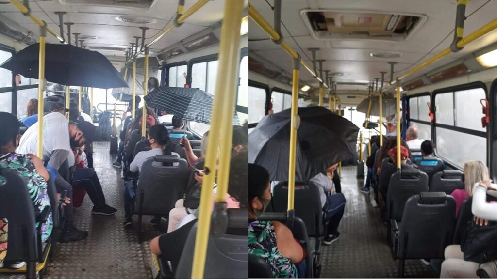 Passageiros usam guarda-chuvas dentro de ônibus para fugir das goteiras