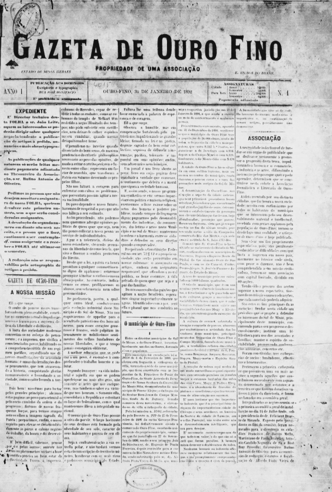 Primeira edição da Gazeta de Ouro Fino, 31 de Janeiro de 1892